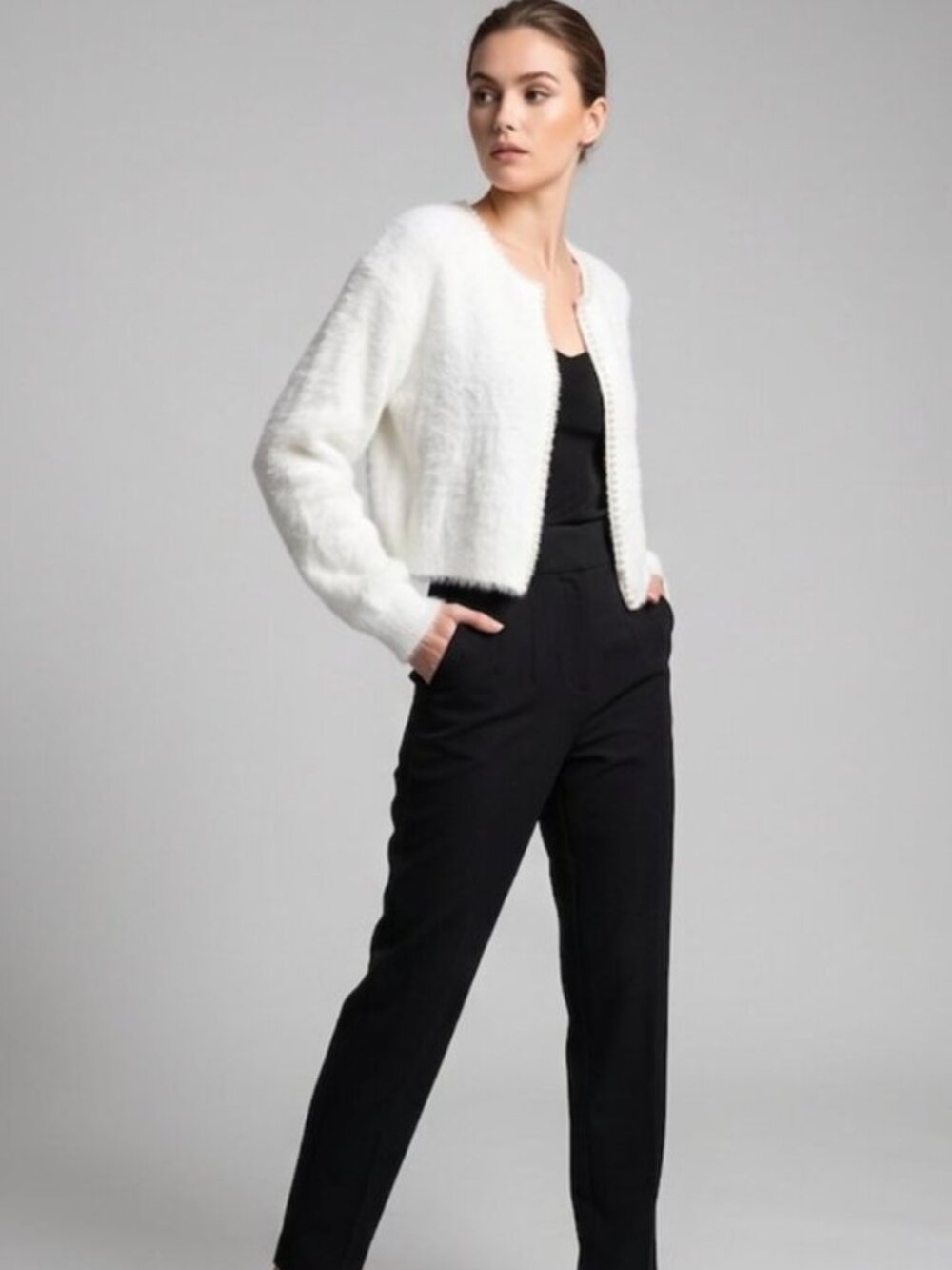 White Pearl Beaded Drop Shoulder Fuzzy Duster Cardigan